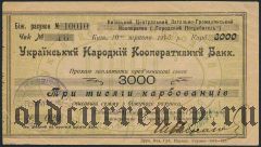 Киев, Украинский Нар. Кооп. Банк, 3000 карбованцев 1920 года