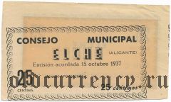 Испания, Эльче (Elche), 25 сантимов 1937 года. Брак печати