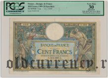 Франция, 100 франков 1909 года. Образец. В слабе PCGS